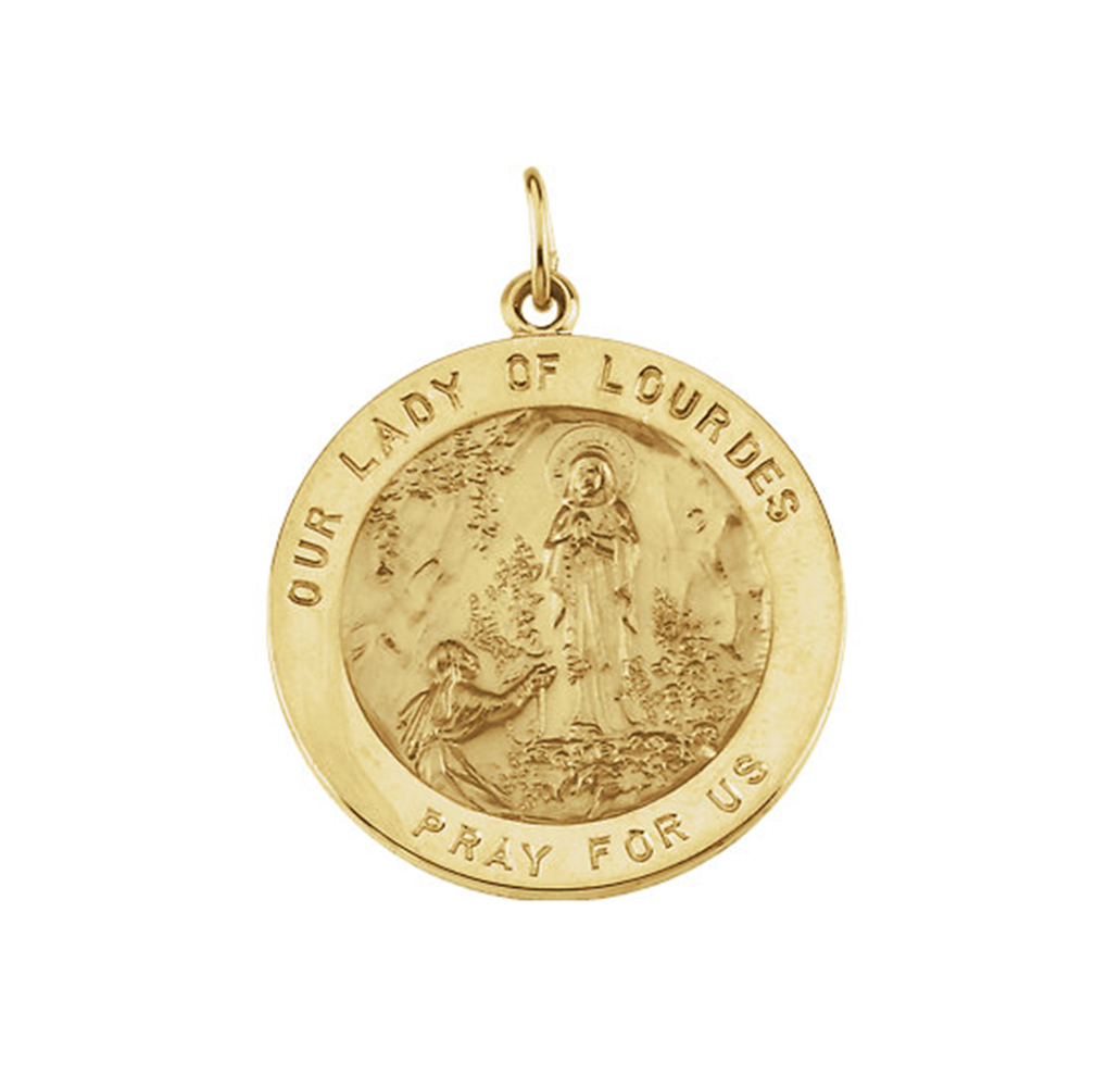 14k Yellow Gold Round Our Lady of Lourdes Medal (25 MM).