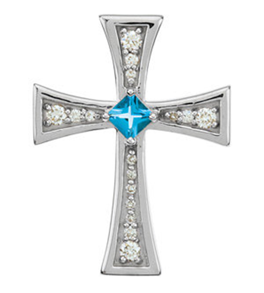 14K White Diamond and Topaz Ornate Cross Pendant.