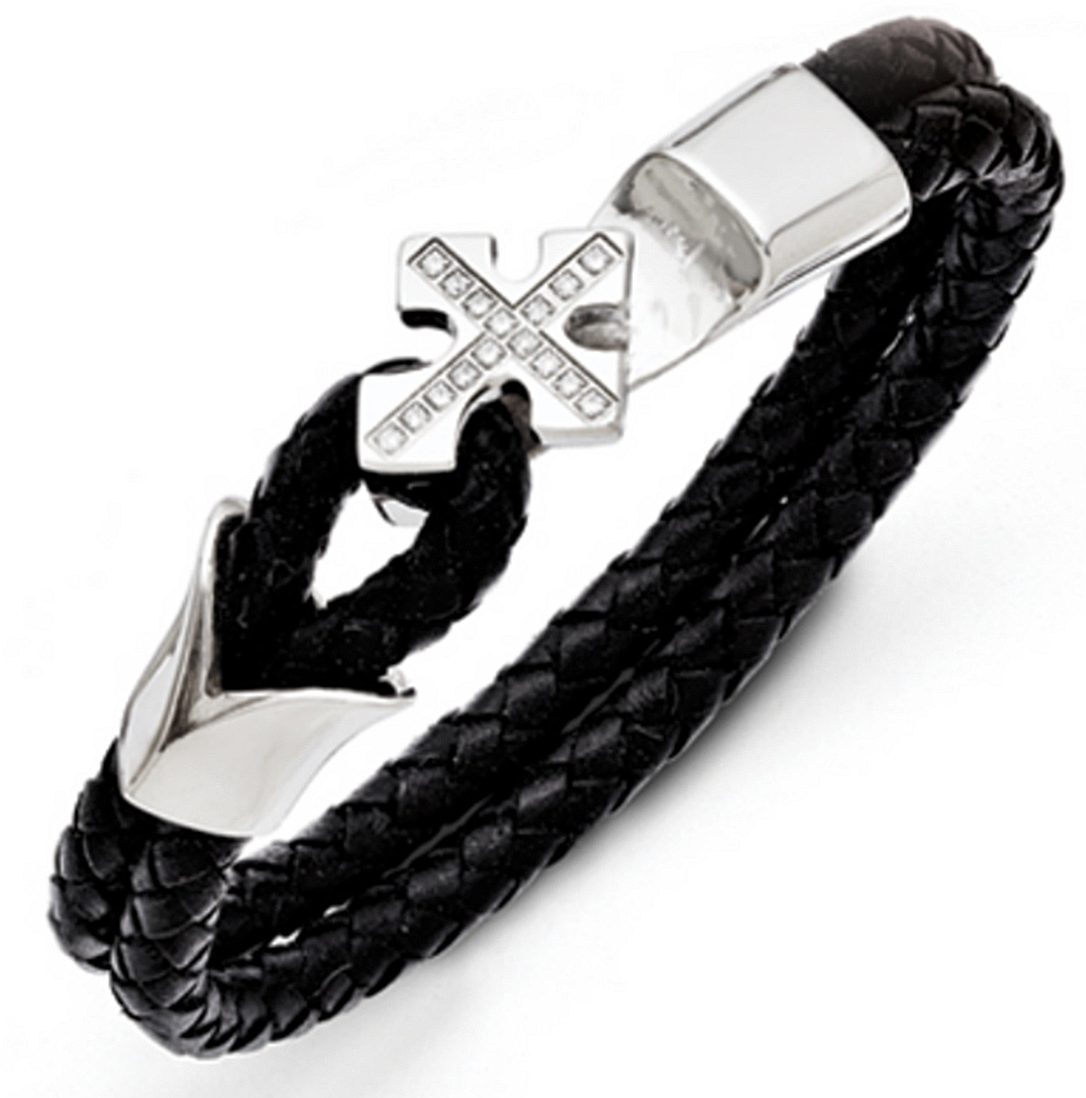 CZ stainless steel cross bracelet with double strand bolo leather, 8 inches in length.