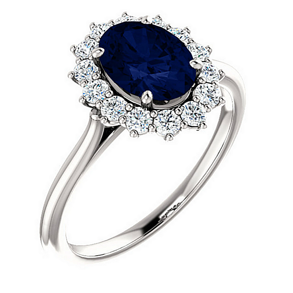Sapphire and Diamond Halo 14k White Gold Ring