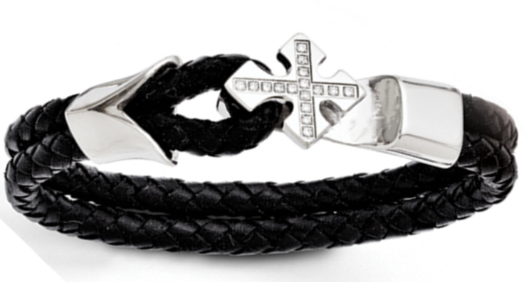 Mens cross bracelet with leather, stainless steel and cubic zirconias.