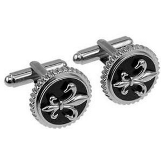 Titanium and Black Fleur de Lis Round Cuff Links.