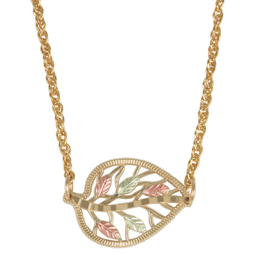 3606 10k Yellow Gold Filigree Heart Necklace with hand-crafted 12k red gold and 2k green gold leaves in Black Hills old motif.
