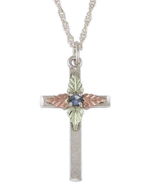Blue Topaz Cross Pendant Necklace, Sterling Silver, 12k Green and Rose Gold Black Hills Gold Motif