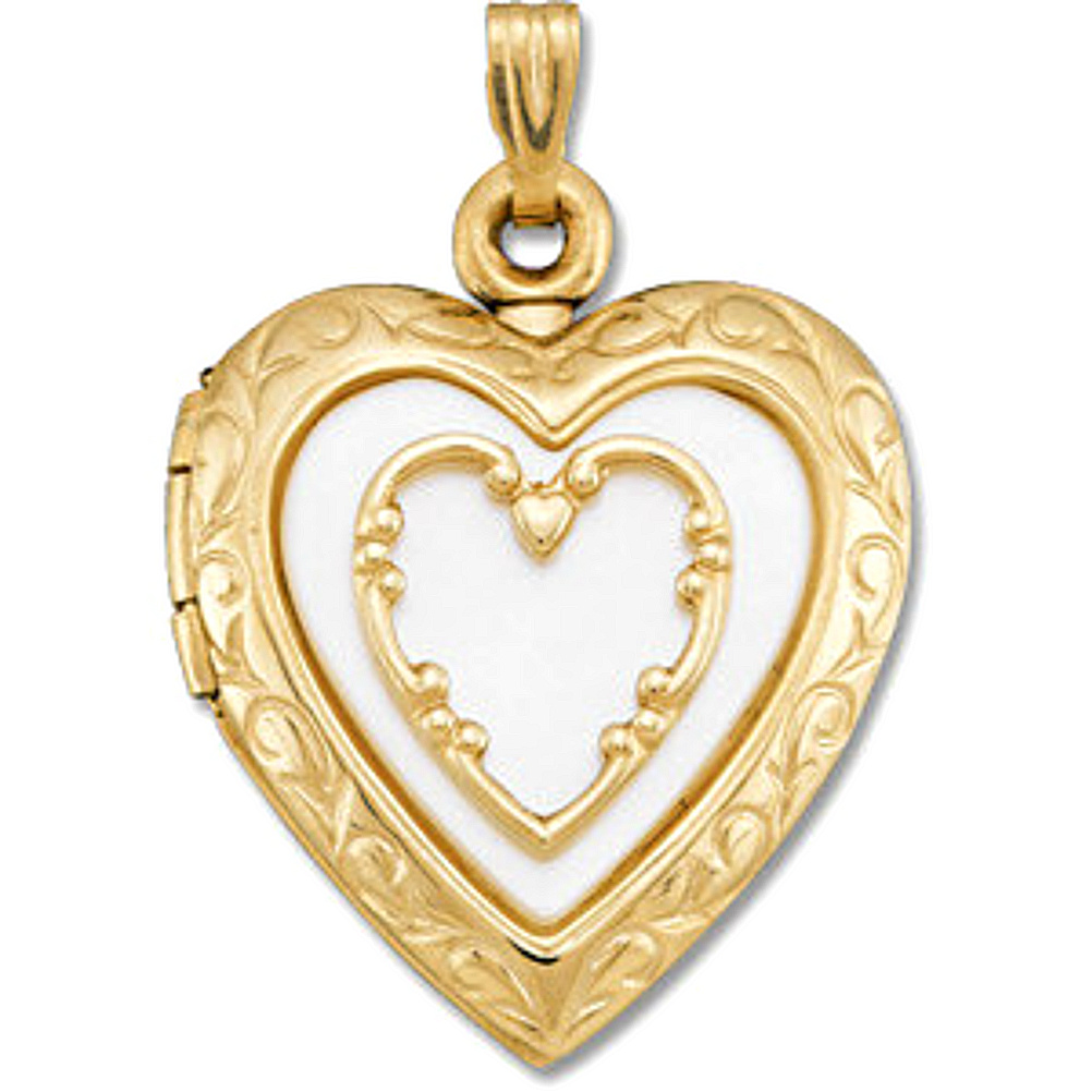 14k yellow gold and mother of pearl Victorian Style heart locket pendant.