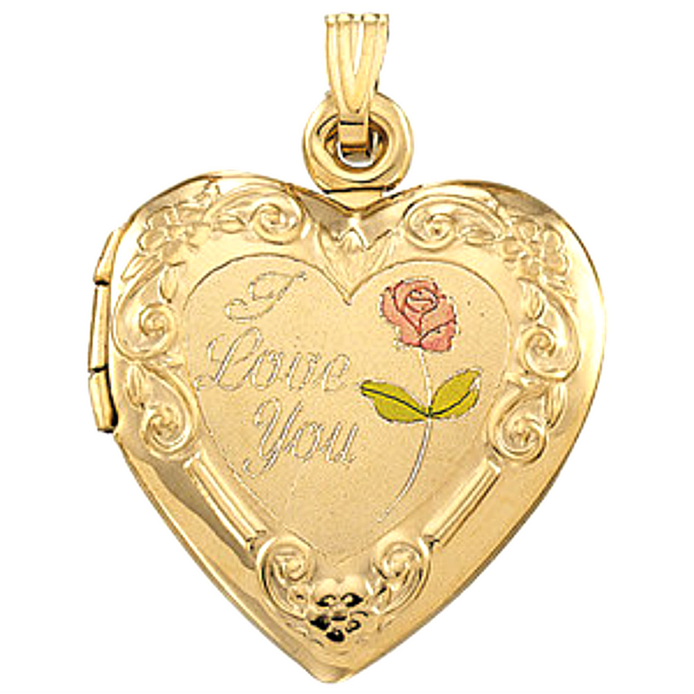 14k Yellow Gold 'I Love You' Locket with Red Rose