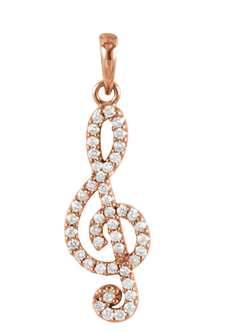 14k rose gold diamond treble clef pendant; also offered as a necklace 
