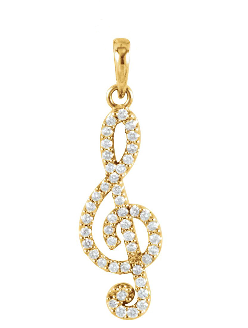 14k yellow gold treble clef pendant; also offered as a necklace 