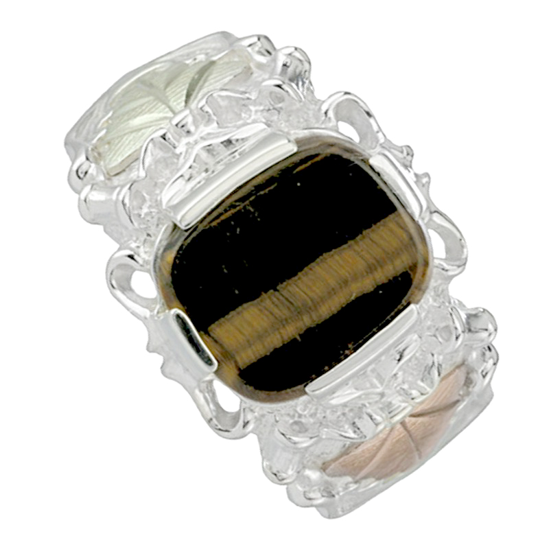Men's Tiger's Eye Band, Sterling Silver, 12k Rose Gold, 12k Green Gold Black Hills Gold Motif
