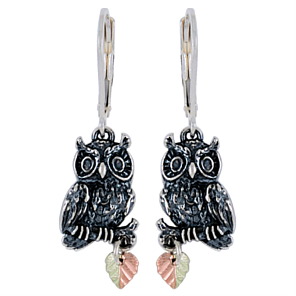 Black Hills Gold on Sterling Silver Oxidized Owl Earrings 