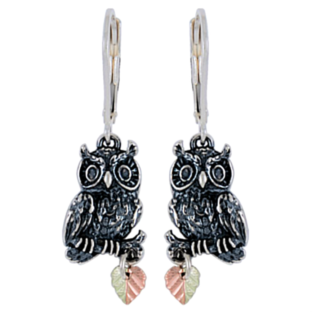 Owl Earrings, Sterling Silver, 12k Green and Rose Gold Black Hills Gold Motif
