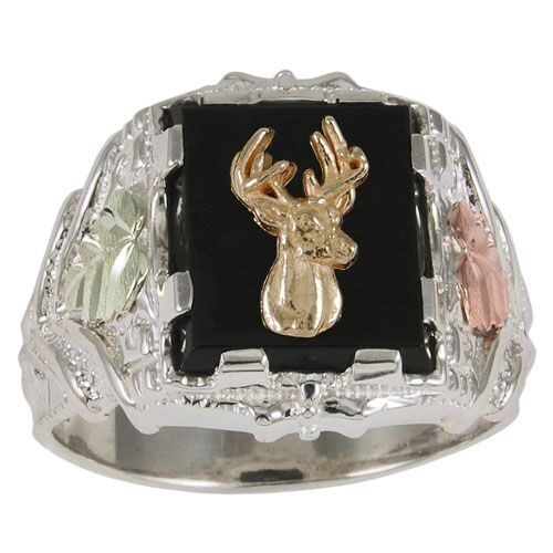 Men's Deer and Onyx Square Ring, Sterling Silver, 12k Green and Rose Gold Black Hills Gold Motif