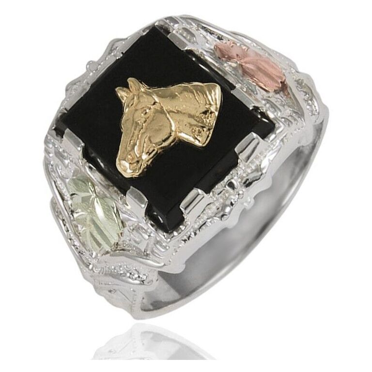 Men's Horse and Onyx Square Ring, Sterling Silver, 12k Green and Rose Gold Black Hills Gold Motif 