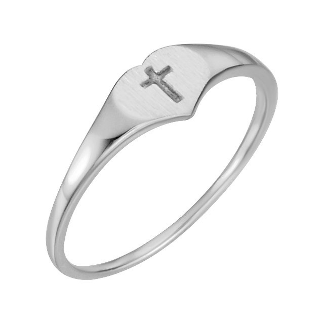 Girl's Engraved Cross Heart Ring, 14k White Gold. 