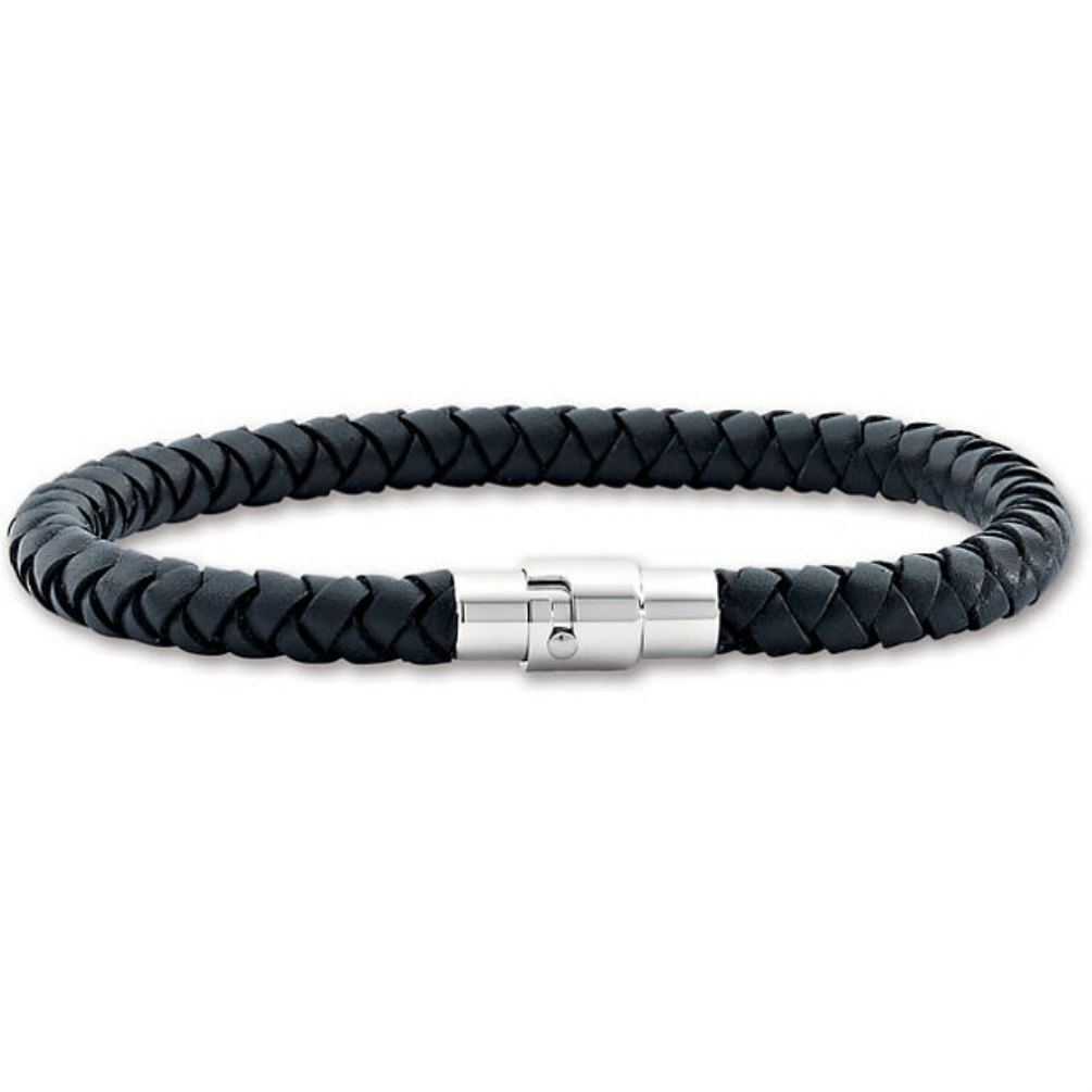 Braided black leather bracelet with barrel clasp fastened.
