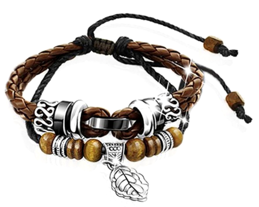 Leather Braided Bracelet with Wood, Cotton and Titanium. Adjusts from 6 to 9 Inches