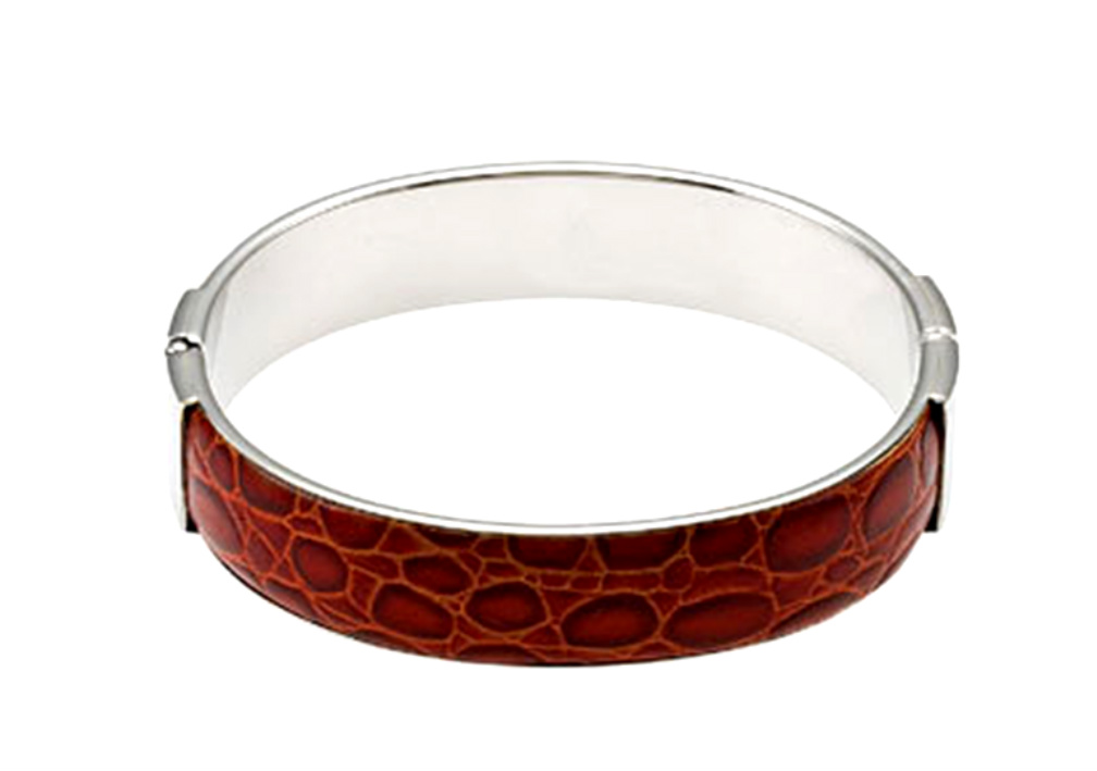 Brown-Red Leather Crocodile Print Stainless Steel Bangle Bracelet, 8"