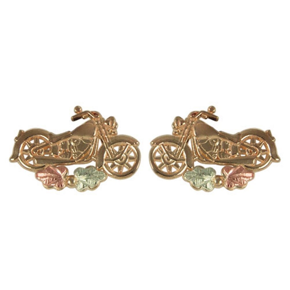 10k Yellow Gold Motorcycle Stud Earrings with Black Hills Gold Motif
