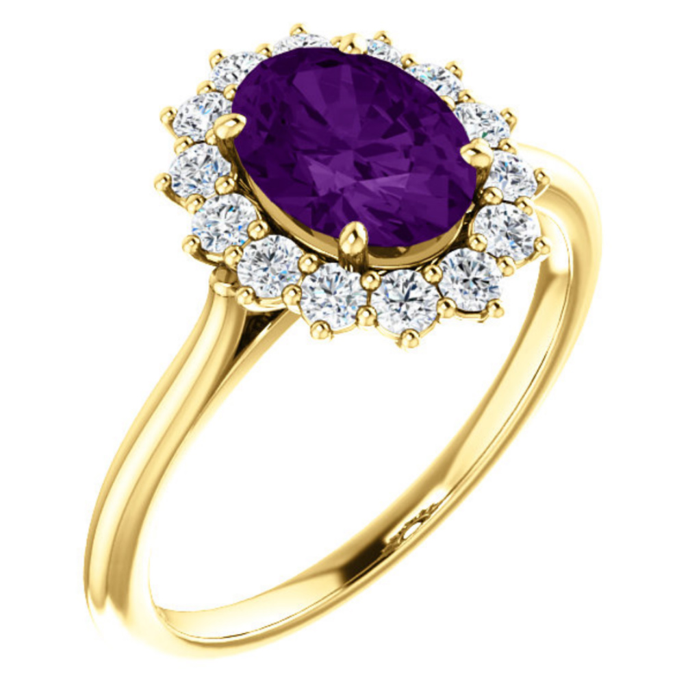 14k Yellow Gold Amethyst Halo Diamond Ring. 