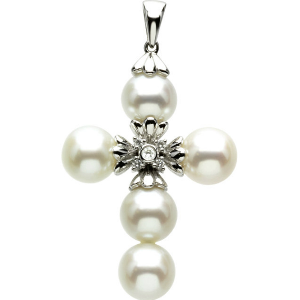 Freshwater Cultured Pearl and Diamond Cross Earrings. 