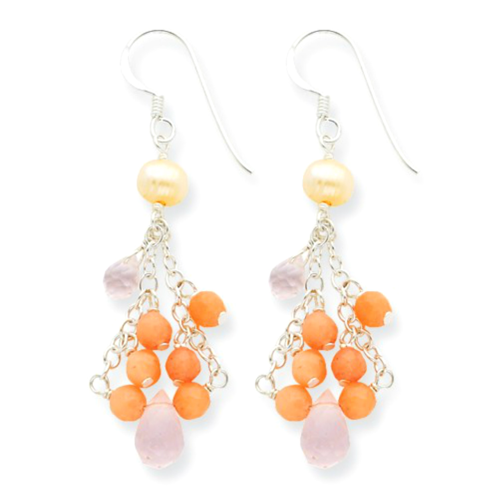 Sterling Silver Button Pearl, Peach Agate and Pink Crystal Dangle Earrings. 