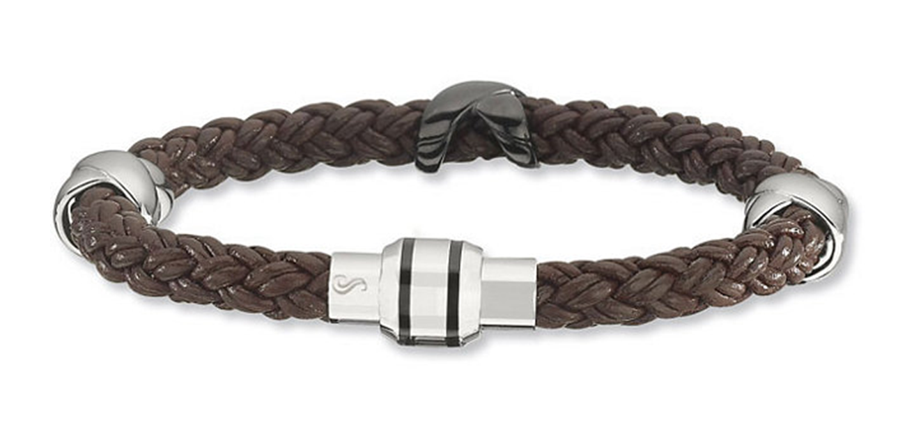 Brown Triple Braided Leather Bracelet with Metal Embellishments, 8"