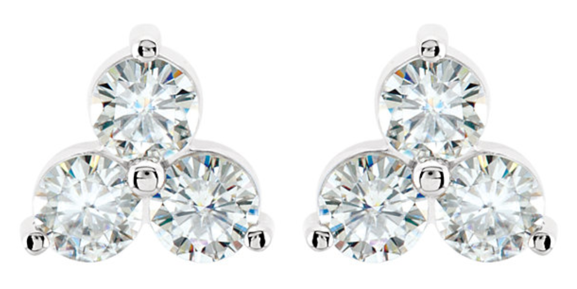 Charles and Colvard Forever Classic 3-Stone Stud Earrings, Rhodium Plated 14k White Gold. 