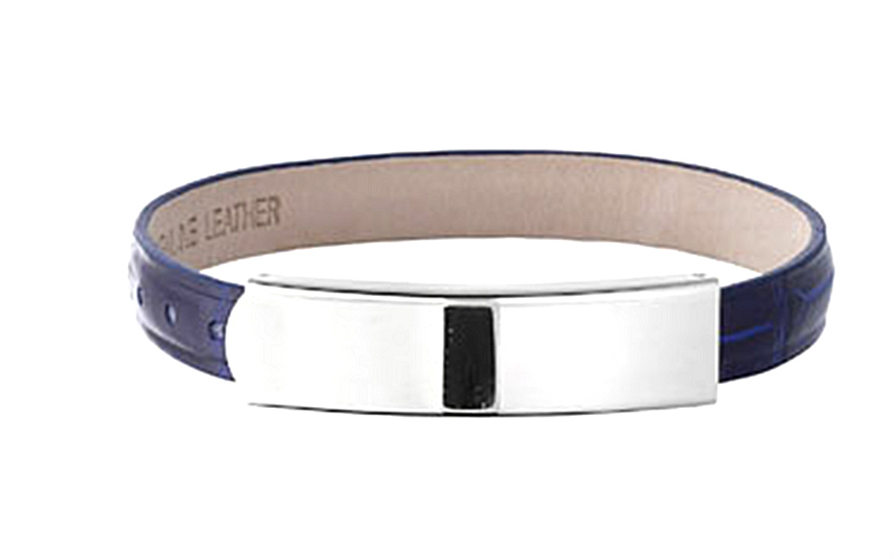 9mm Dark Blue and Stainless Steel Leather Bracelet, 7.5"