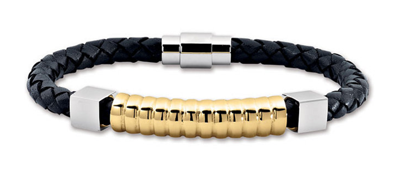 Black Basketweave Leather Fashion Bracelet with Gold IP Accent