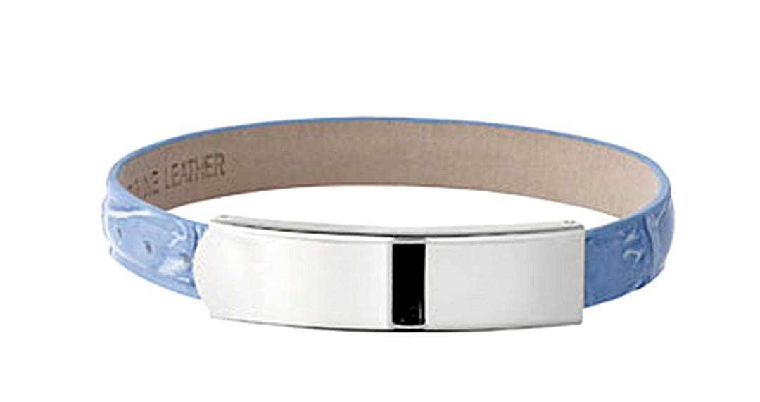 9mm Light Blue Leather Bracelet with Stainless Steel Engrave-able Placket, 7.5"
