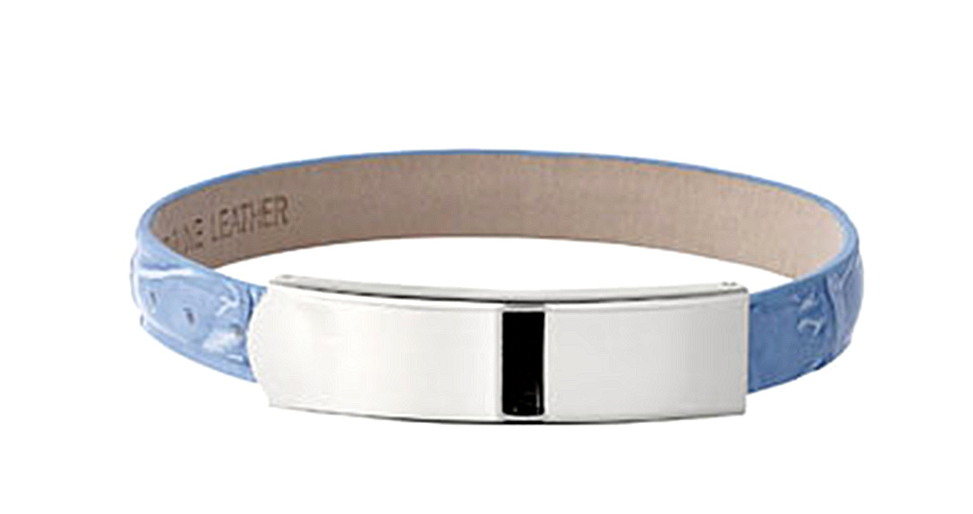 lt-blue-crocodle-fashion-bracelet-1006 9mm Light Blue Leather Bracelet with Stainless Steel Engrave-able Placket, 7.5"