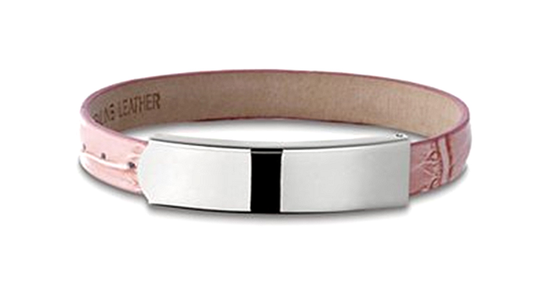 Pink Crocodile Leather Bracelet with Stainless Steel ID Placket, 7.5"
