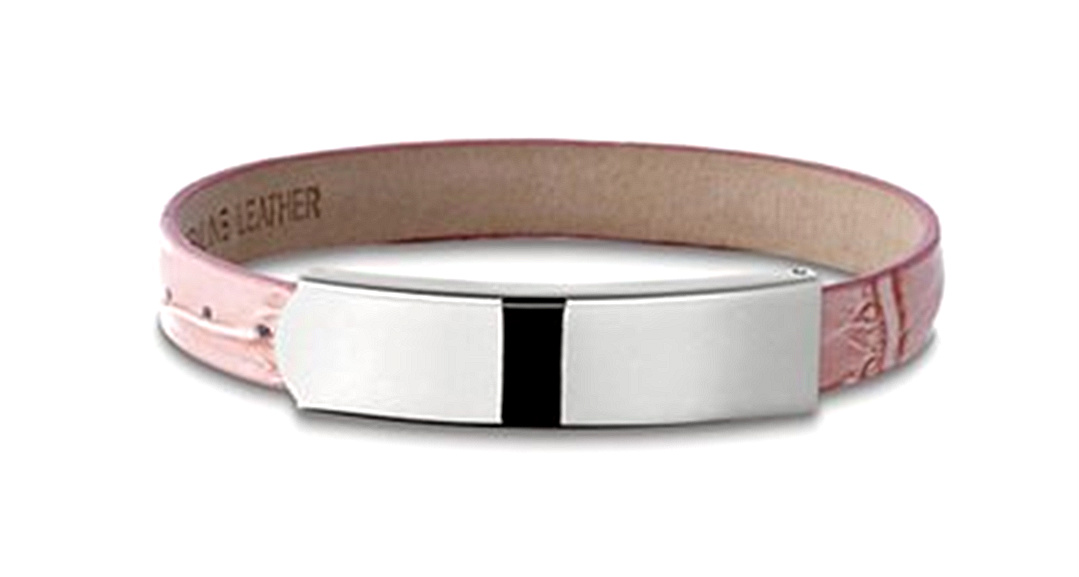 lt-pink-bracelet-1006 Pink Crocodile Leather Bracelet with Stainless Steel ID Placket, 7.5"