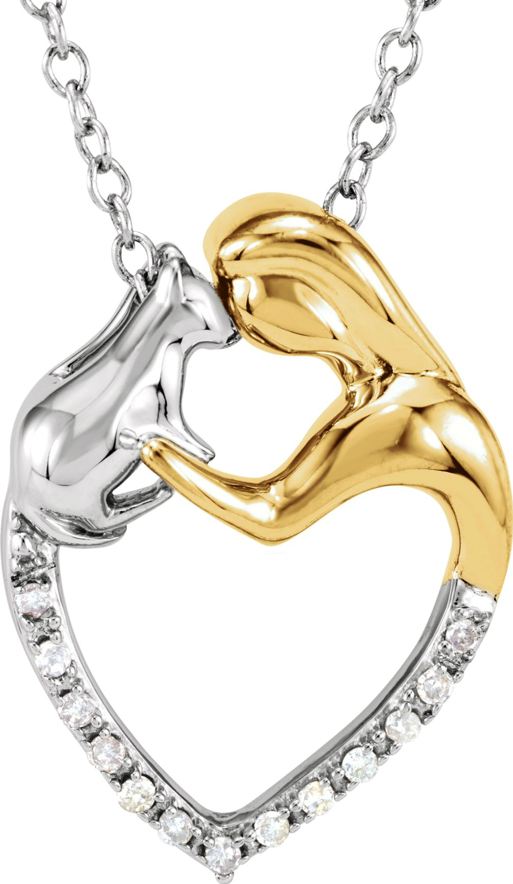 Cat and Woman Tender Moment Diamond Heart Necklace in Sterling Silver and 10k Yellow Gold. 