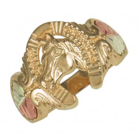 10k-black-hills-gold-ladies-horse-shoe-ring-4692 Horse Shoe Ring, 10k Yellow Gold, 12k Green and Rose Gold Black Hills Gold Motif