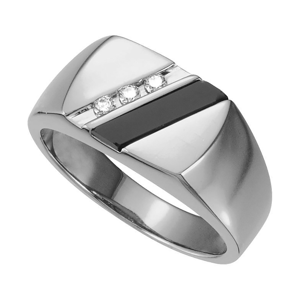 3 Genuine Diamond and Onyx Ring, 10.5mm 14k Yellow Gold