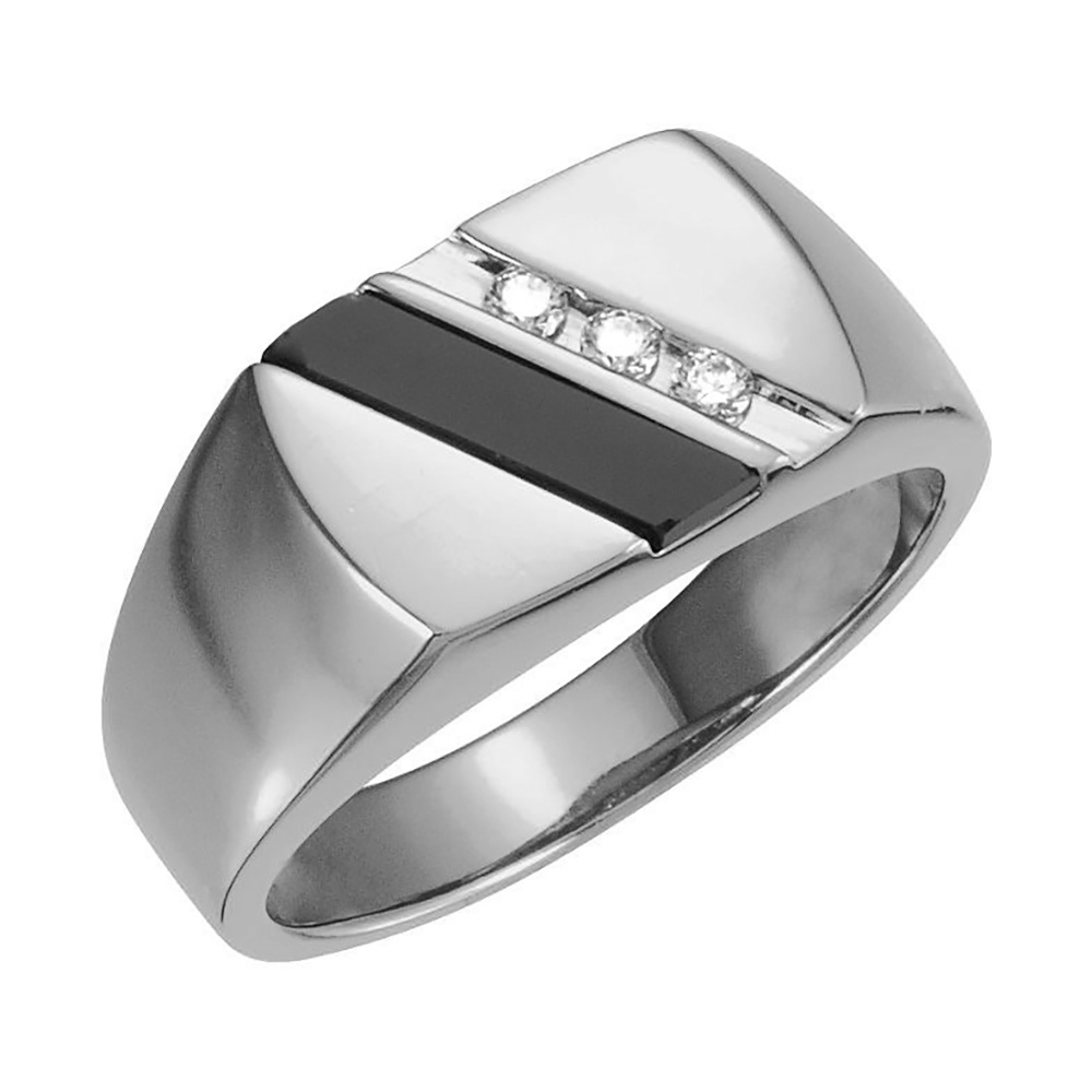 3 Genuine Diamond and Onyx Ring, 10.5mm 14k Yellow Gold