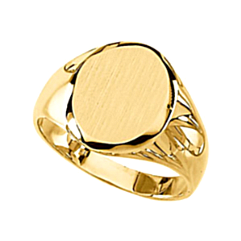 14k Yellow Gold Round Flat-Top Brushed Signet Ring. 