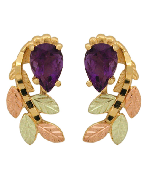 Amethyst Pear Shape Earrings, 10k Yellow Gold, 12k Rose and Green Gold Black Hills Gold Motif