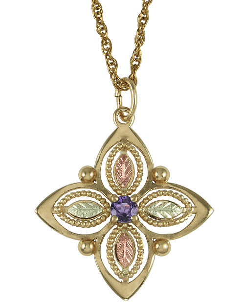 Amethyst Star Flower Pendant 10k Yellow Gold, 12k Green and Rose Gold Black Hills Gold Motif