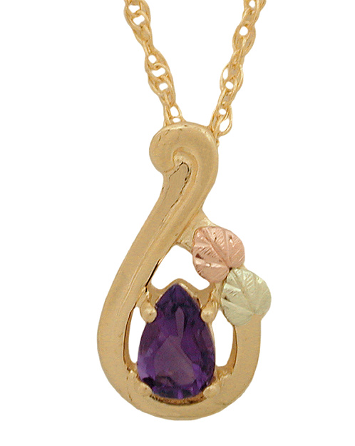 Amethyst Teardrop Pendant Necklace, 10k Yellow Gold, 12k Green and Rose Gold Black Hills Gold Motif