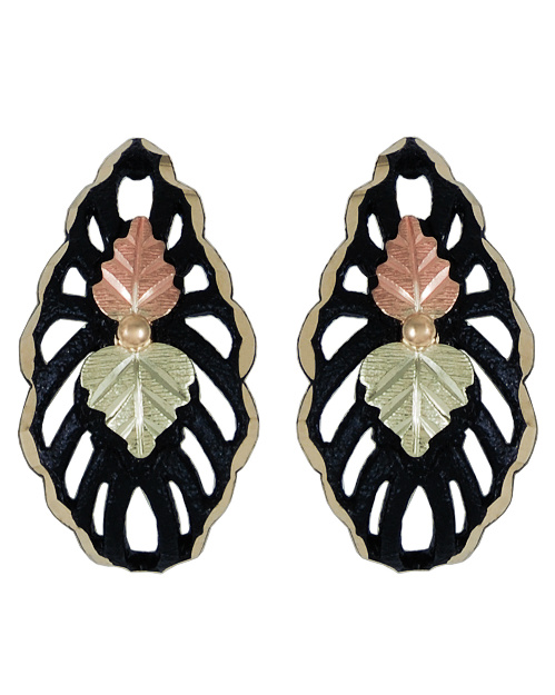 Black Powder Coat Scalloped Teardrop Earrings, 10k Yellow Gold, 12k Rose and Green Gold Black Hills Gold Motif