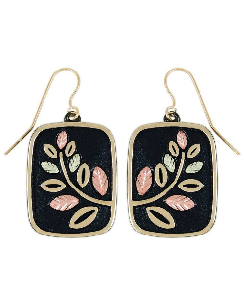 Black Powder Coat Petite Leaves Earrings, 10k Yellow Gold, 12k Rose and Green Gold Black Hills Gold Motif