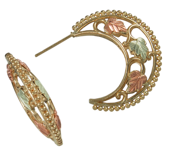 Curling Vines Hoop Earrings,  10k Yellow Gold, 12k Green and Rose Gold Black Hills Gold Motif