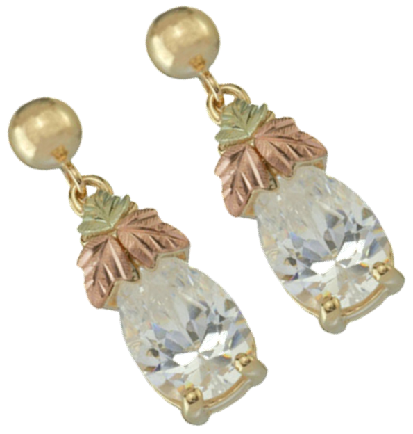 CZ Drop Earrings, 10k Yellow Gold, 12k Rose and Green Gold Black Hills Gold Motif