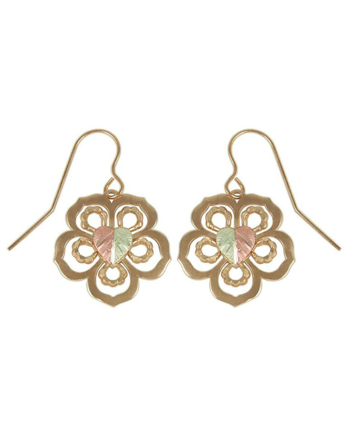 Fancy Flower Earrings, 10k Yellow Gold, 12k Rose and Green Gold Black Hills Gold Motif