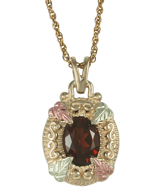 Garnet Pendant Necklace, 10k Yellow Gold, 12k Green and Rose Gold Black Hills Gold Motif