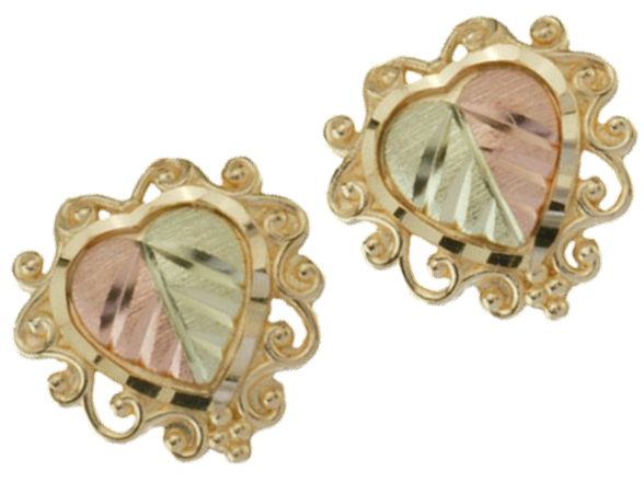 Heart and Fleury Earrings, 10k Yellow Gold, 12k Rose and Green Gold Black Hills Gold Motif