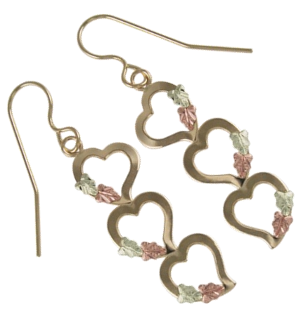Heart Dangle Earrings, 10k Yellow Gold, 12k Green and Rose Gold Black Hills Gold Motif