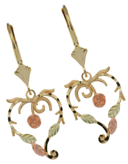 Heart Earrings, 10k Yellow Gold, 12k Green and Rose Gold Black Hills Gold Motif
